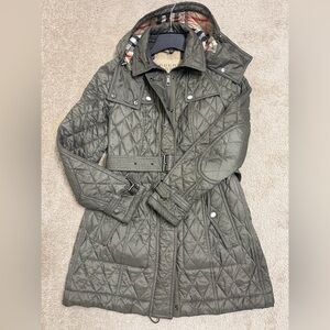 Burberry Brit Quilted Olive Green Belted Jacket w/ Hood